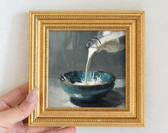 Still life Milk Pouring Oil Painting, Small Frame Original Art, Dining Room Wall Art Decor,Christmas Gift For Friend,5X5Hand Painted Artwork