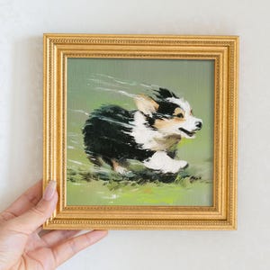 Mini  Running Corgi Oil Painting in Gold Frame, Hand-Painted Puppy Wall Art for Home, Office, Bar & Gift for Dog Lovers and Pet Lovers