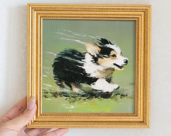 Mini Corgi dipinto ad olio con cornice dorata: quadro da parete con cane dipinto a mano