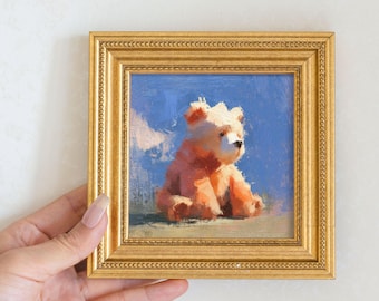 100% Hand Painted Bear Oil Painting: Golden Beaded Frame, Nursery Wall Art
