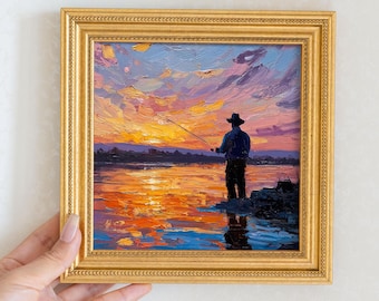 Dipinto originale a mano con tramonto sulla pesca. Piccolo dipinto a olio con cornice dorata, decorazione da parete per soggiorno, regalo di San Valentino 5x5 per pescatori.