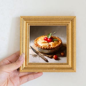Small Cherry Pie Oil Painting with Golden Frame, Mini Handmade Dessert Art for Kitchen, Realistic Food Wall Decor for Cottage core Aesthetic