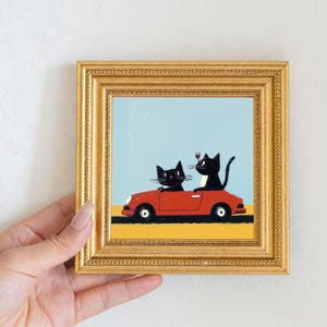 Mini Two Cats Oil Painting in Gold Frame, Quirky Gift for Cat Lovers and Wall Decor Fans, Original Painting for House  and Office Decor