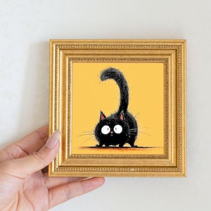 Mini Black Cat Oil Painting in Gold Frame, Quirky Gift for Cat Lovers and Wall Decor Fans, Original Painting for House  and Office Decor