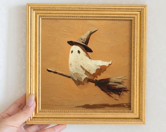 Hand-Painted Witch Ghost Oil Painting: Halloween Wall Art Decor,  5x5 Original Artwork Gift