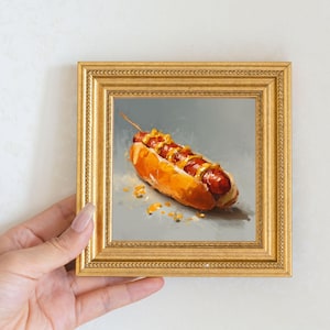 Mini Hot Dog Oil Painting in Gold Frame, Still Life Art Gift for Wall Decor Lover and Foodie, Original Painting for Kitchen Decor