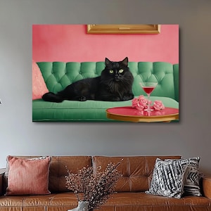 Schwarze Katze mit Bloody Mary Kunstdruck, Cocktail Art Bar Dekor, niedlich, schrulliges, wunderliches Geschenk, Dekoration für Zuhause & Büro