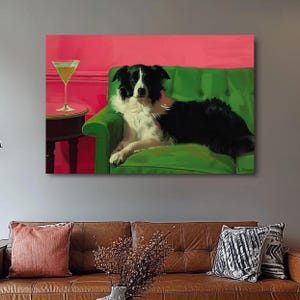 Stylish Border Collie on Green Couch with Martini Art, Cocktail Art Bar Cart & Home, Office Decor, Cute Quirky Whimsical Fine Art Print Gift