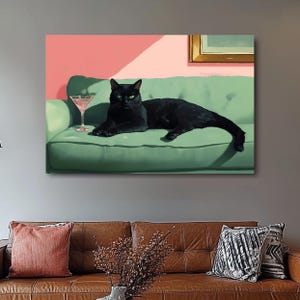 マティーニを持つ黒猫のアートプリント、カクテルアートバーカートの装飾、キュートで風変わりな気まぐれなファインアートプリントギフト、自宅やオフィスの装飾