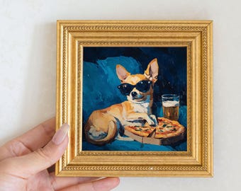 Mini  Chihuahua Dog Oil Painting in Gold Frame, Hand-Painted Puppy Wall Art for Home, Office, Bar & Gift for Dog Lovers and Pet Lovers