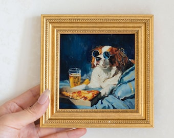 Mini Cavalier King Charles Spaniel Dog Oil Painting, Hand-Painted Puppy Wall Art for Home, Office, Bar & Gift for Dog Lovers and Pet Lover