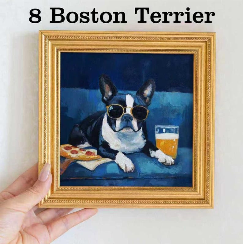Mini Corgis Ölgemälde in Goldrahmen, Original handgemalte Welpe Wandkunst für Haus, Büro, Bar & Geschenk für Hundeliebhaber und Tierliebhaber 8 Boston Terrier