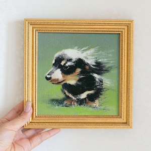 Mini Dachshund Dog Oil Painting in Gold Frame, Hand-Painted Puppy Wall Art for Home, Office, Bar & Gift for Dog Lovers and Pet Lovers
