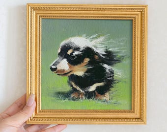 Mini Dachshund Oil Painting in Gold Frame: Hand-Painted Puppy Art