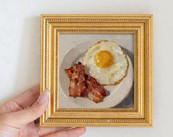 Mini Bacon and Egg Oil Painting: Handmade Kitchen Still Life Art