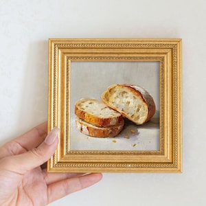 Small Rustic Bread Loaf Oil Painting in Gold Frame, Still Life Art Gift for Him or Her, Original Painting for French Kitchen and Bar Decor