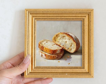 Small Rustic Bread Loaf Oil Painting in Gold Frame, Still Life Art Gift for Him or Her, Original Painting for French Kitchen and Bar Decor