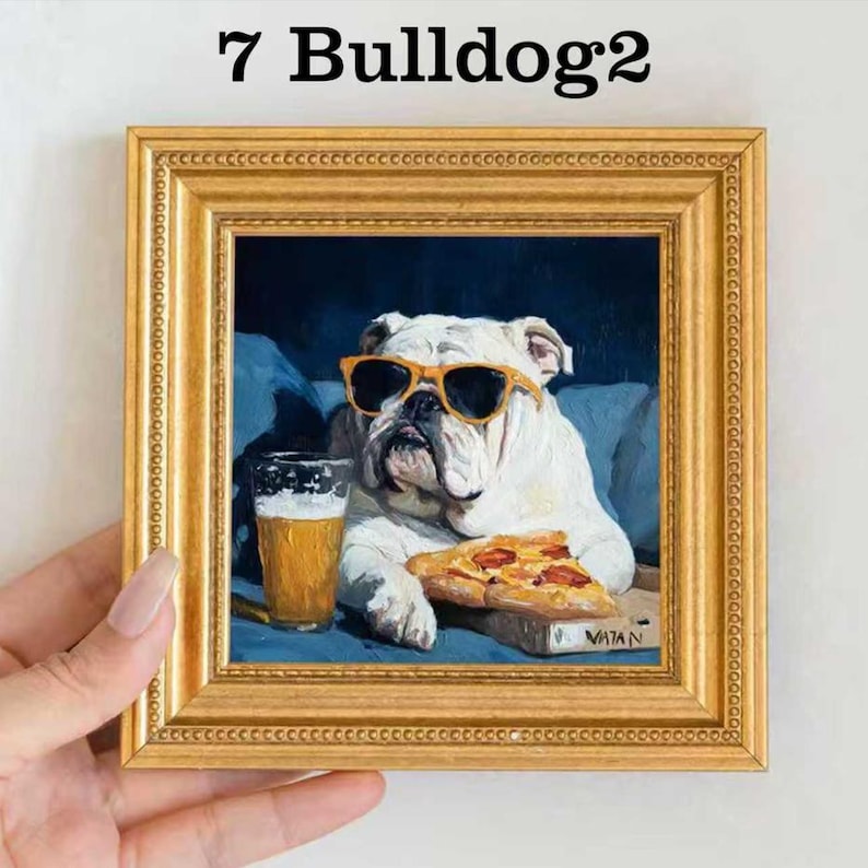 Mini Corgis Ölgemälde in Goldrahmen, Original handgemalte Welpe Wandkunst für Haus, Büro, Bar & Geschenk für Hundeliebhaber und Tierliebhaber 7 Bulldog2