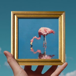 Original oljemålning med rosa flamingo, elegant liten fågelväggkonst, handmålad djurkonst, guldinramad, alla hjärtans dag-presenter till par