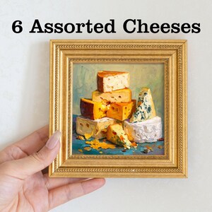 Mini nature morte au fromage, peinture à l'huile, oeuvre d'art murale de cuisine rustique dans un cadre en perles dorées, oeuvre d'art peinte à la main sur la nourriture, cadeau de décoration d'intérieur pour les gourmets 6 Assorted Cheeses
