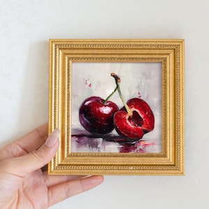 Still Life Cherry Oil Painting: Kitchen Wall Art Decor, 5X5 Canvas Artwork Gift