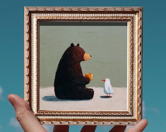 Small Bear and Bird Oil Painting, Original Hand Painted, Wildlife Wall Art, Winter Decor, 5X5 Gold Frame, Christmas Gift for Friends