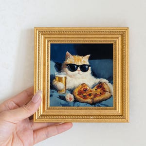Mini Cool Cat Oil Painting in Gold Frame, Quirky Gift for Cat Lovers and Wall Decor Fans, Original Painting for House  and Office Decor