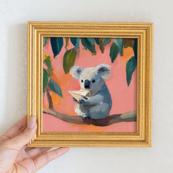 Small Koala & Paper Plane Oil Painting, Original Hand Painted Wildlife Art, Gift for Animal Lover, Nursery Wall Decor, Gold Framed Artwork