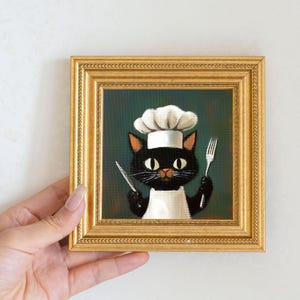 Mini Chef Cat Oil Painting in Gold Frame | Hand-Painted Culinary Cat Art for Kitchen, Home, Office & Bar Decor | Gift for Cat and Food Lover