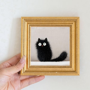 Mini Black Cat Oil Painting in Gold Frame, Quirky Gift for Cat Lovers and Wall Decor Fans, Original Painting for House  and Office Decor