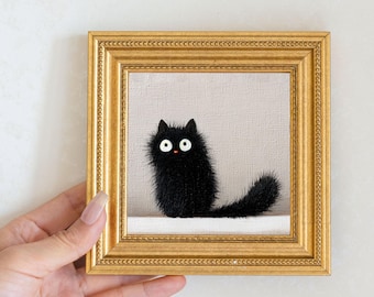 Mini Black Cat Oil Painting: Gold Frame, Quirky Cat Lover Gift