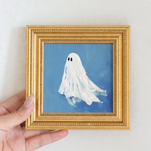 Blått spöke original oljemålning, liten inramad väggkonst, handmålad duk, sovrumsdekor, halloweenkonst, present till vänner