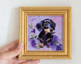 Mini Dachshund Dog with Flowers Oil Painting in Gold Frame, Cute Small Puppy Portrait, Hand-Painted Animal Wall Art Gift For Dog Lovers