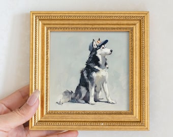 Husky Original Oil Painting, Small Framed Canvas Art, Hand Painted Canvas, Living Room Wall Decor, Pet Art, Gift for Dog Lover