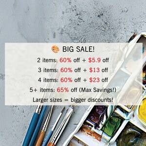 Peut inclure: Image avec une palette de peintre, des pinceaux et le texte "BIG SALE!" avec des d&eacute;tails sur les remises. Le texte comprend des offres telles que 60% de r&eacute;duction et 65% de r&eacute;duction pour plusieurs articles achet&eacute;s. Les grandes tailles offrent de plus grandes remises.