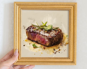 May include: A framed painting of a steak, with a golden frame. The steak is a vibrant mix of red and brown, garnished with herbs and spices. The artwork has a painterly style, with visible brushstrokes.