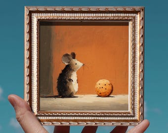 Small Mouse and Cookie Oil Painting, Original Hand Painted, Rustic Wall Art, Winter Decor, , 5X5 Gold Frame, Christmas Gift for Friends