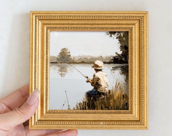 Boy Fishing Original Oil Painting, Small Framed Childhood Wall Art, Hand Painted Family Canvas, Living Room Decor, Gift For Fishing Lover