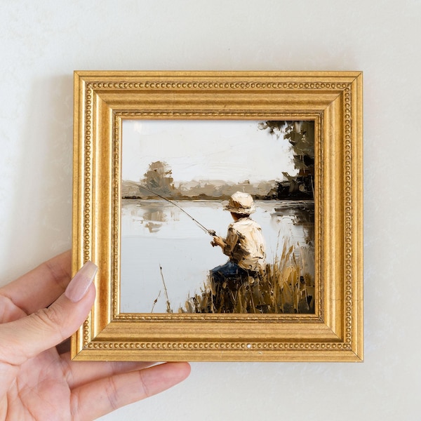 Boy Fishing Original Oil Painting, Small Framed Childhood Wall Art, Hand Painted Family Canvas, Living Room Decor, Gift For Fishing Lover