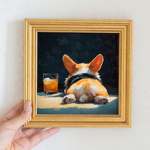 Mini Corgi Oil Painting in Gold Frame, Hand-Painted Puppy Wall Art for Home, Office, Bar & Gift for Dog Lovers and Pet Lovers