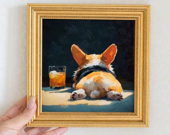 Mini Corgi Oil Painting in Gold Frame, Hand-Painted Puppy Wall Art for Home, Office, Bar & Gift for Dog Lovers and Pet Lovers