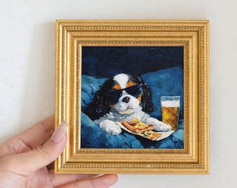 Mini Tricolor Cavalier Dog Oil Painting in Gold Frame, Hand-Painted Puppy Wall Art for Home, Office, Bar & Gift for Dog Lovers and Pet Lover