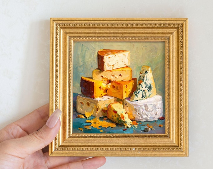 Mini Cheese Still Life Oil Painting: Rustic Kitchen Art in Golden Frame