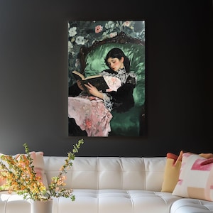 Woman Reading Canvas Print: Vintage Portrait Painting, Handmade Frame