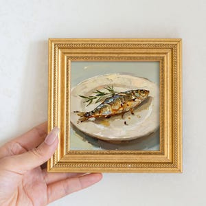 Still Life Sardine Oil Painting: Kitchen Wall Art Decor, 5x5 Canvas Artwork Gift