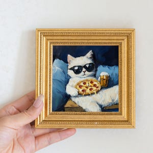 Mini Cool Cat Oil Painting in Gold Frame, Quirky Gift for Cat Lovers and Wall Decor Fans, Original Painting for House  and Office Decor