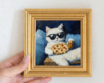 Mini Cool Cat Oil Painting in Gold Frame, Quirky Gift for Cat Lovers and Wall Decor Fans, Original Painting for House  and Office Decor