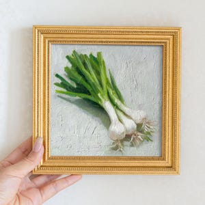 Mini Green Onions Oil Painting in Gold Frame, Rustic Fall Kitchen Wall Decor , Still Life Art Gift for Wall Art Decor Lover