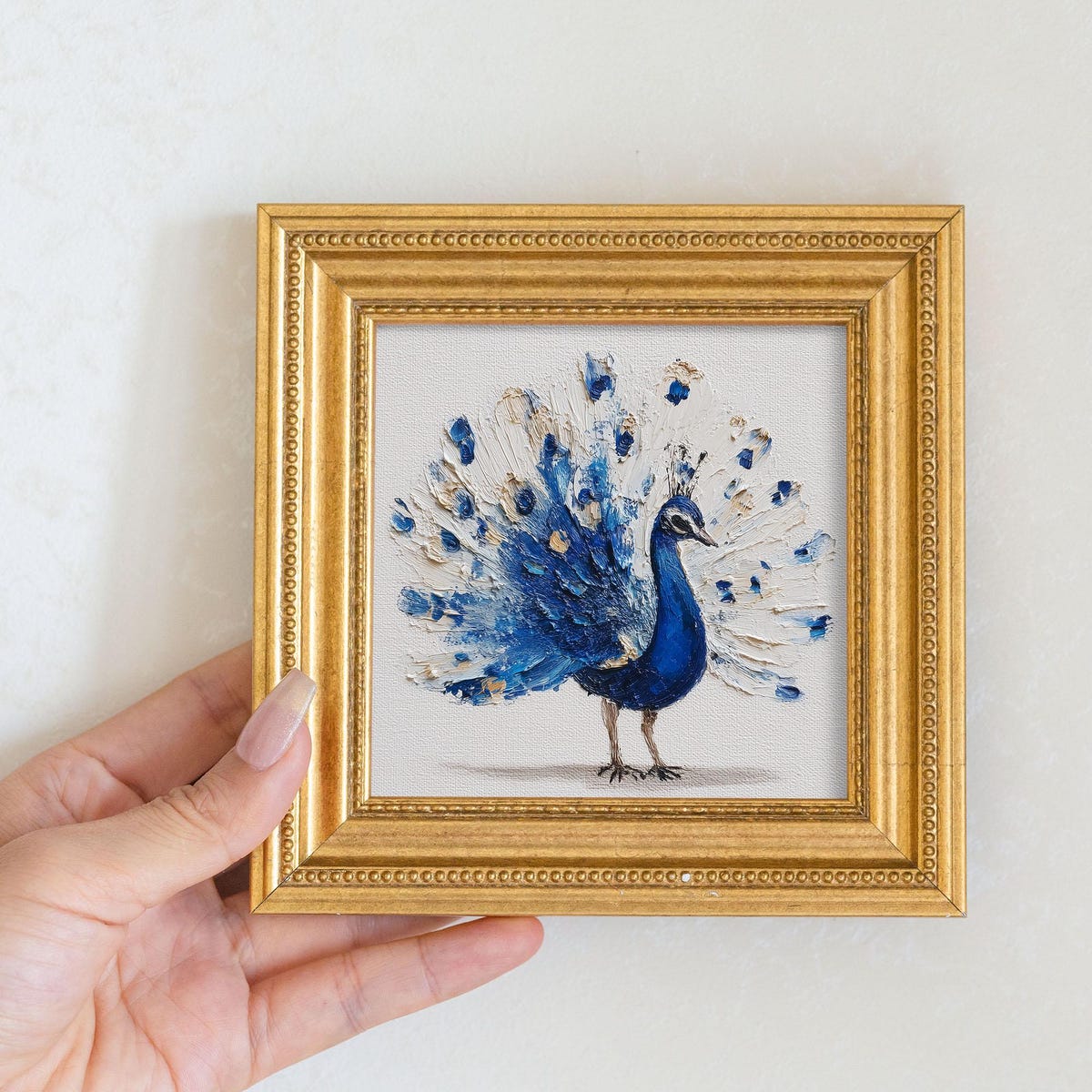 Mini Peacock Oil Painting: Vibrant Bird Portrait in Golden Beaded Frame - Etsy