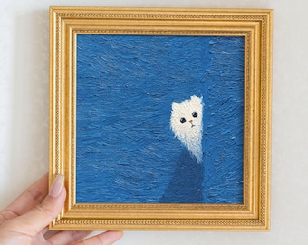 Peinture à l'huile de chat furtif peinte à la main : décoration d'art murale de salon, cadeau portrait de chaton